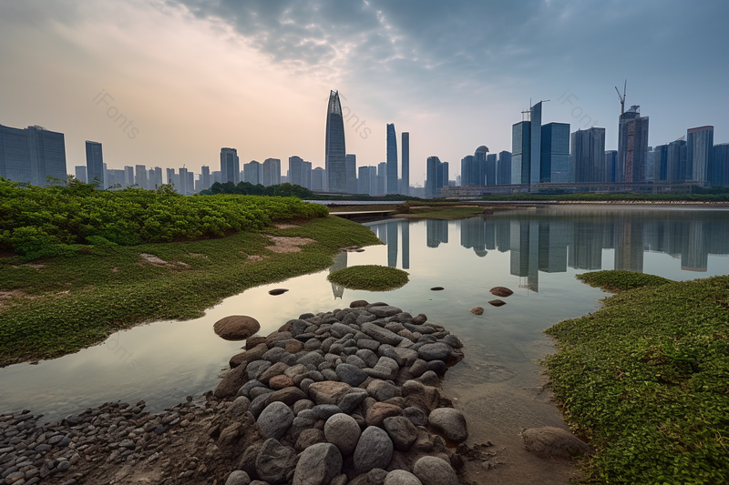 实拍蓝色傍晚城市远景河边草地拍摄背景,高清,摄影图,摄影图片,图片大全,摄影图免费下载